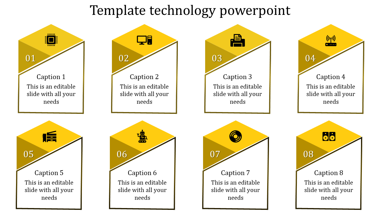Technology template with eight yellow pentagonal sections, each featuring icons, numbers, and captions.