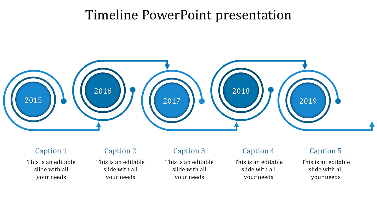 Modern timeline design with circular elements five interconnected blue circles labeled 2015 to 2019, with captions below. 