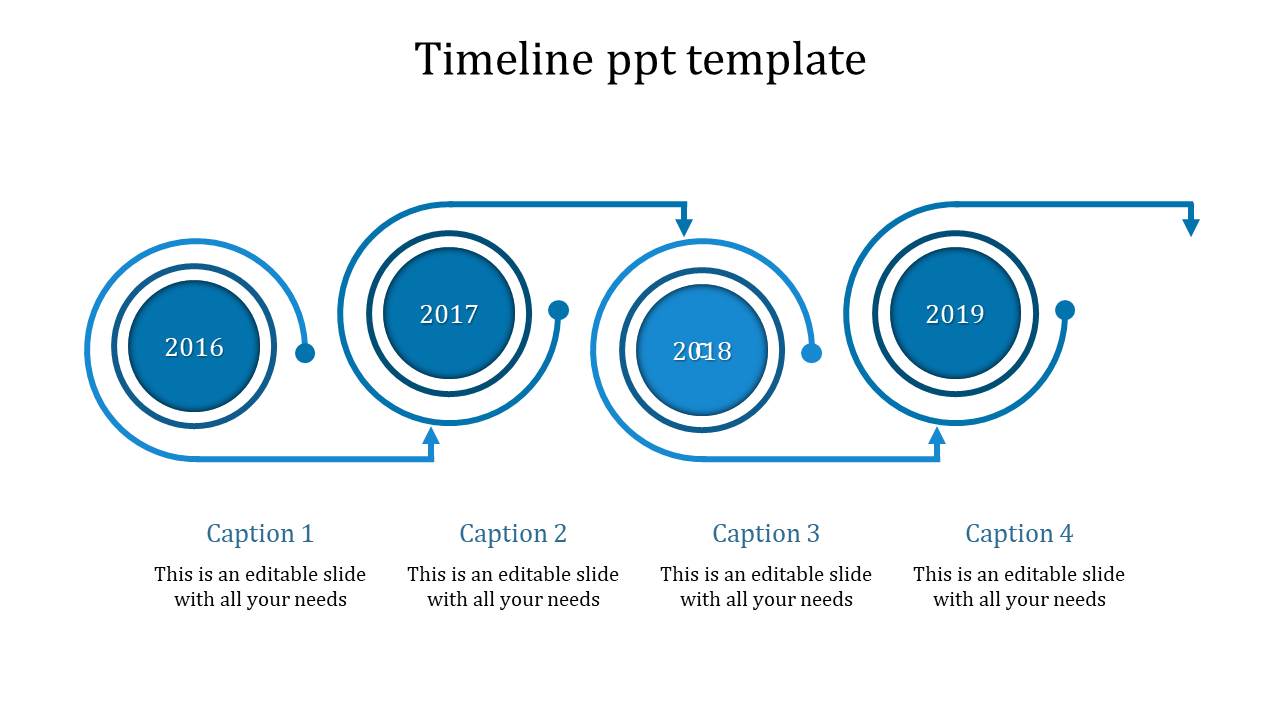 Blue themed timeline PowerPoint template from 2016 to 2019 with circular markers and captions.