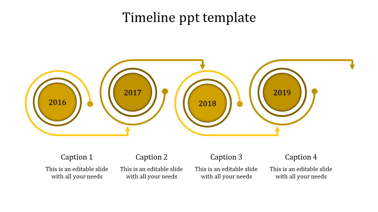 Yellow themed timeline PowerPoint template showing years 2016 to 2019 with circular markers and captions.