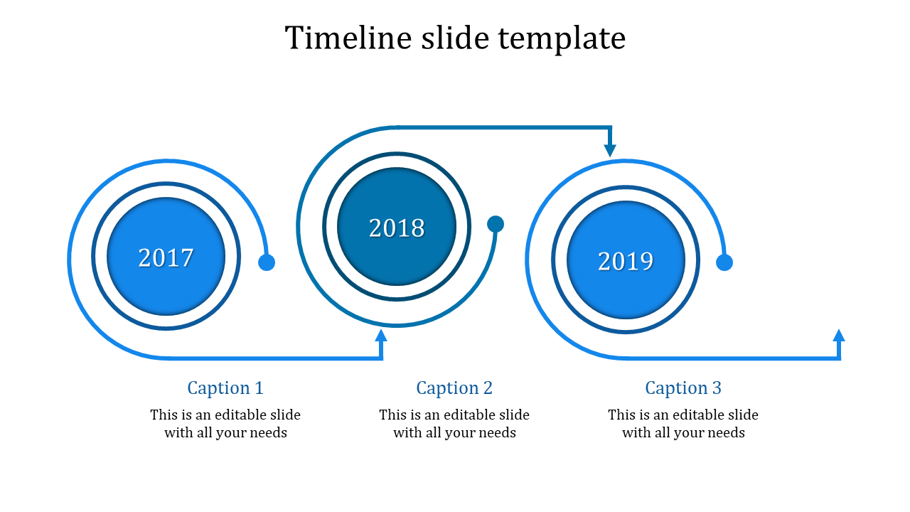 Three-step timeline infographic with blue gradient circles, spiral connectors, and caption spaces beneath each milestone.