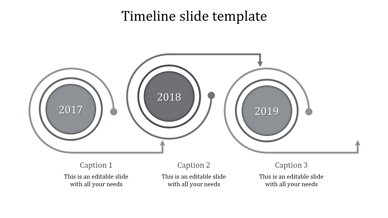 Gray timeline slide with circular milestones for 2017, 2018, and 2019, with captions below each circle.