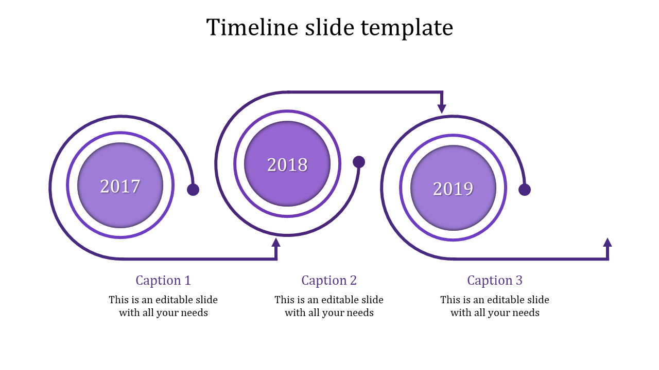 Purple timeline slide with circular markers for years 2017, 2018, and 2019, with captions.