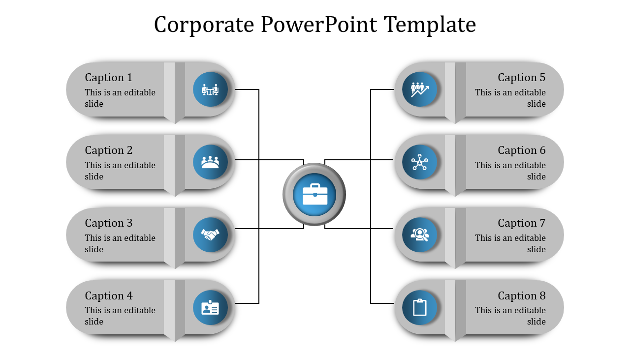 Central briefcase icon linked to eight rounded gray sections with blue circular icons arranged symmetrically.
