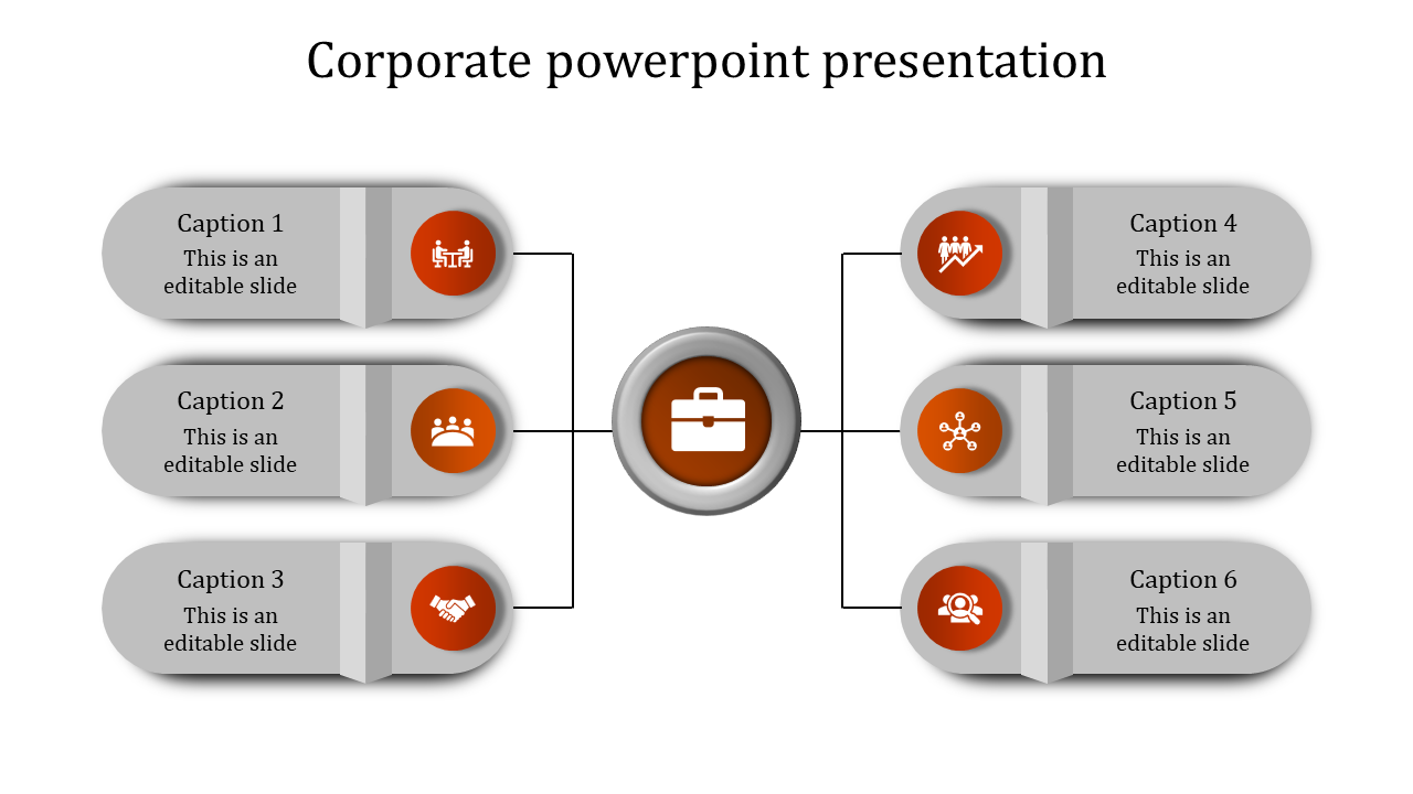 Corporate themed infographic with a central hub, six rounded text boxes with orange business icons, and connecting lines.