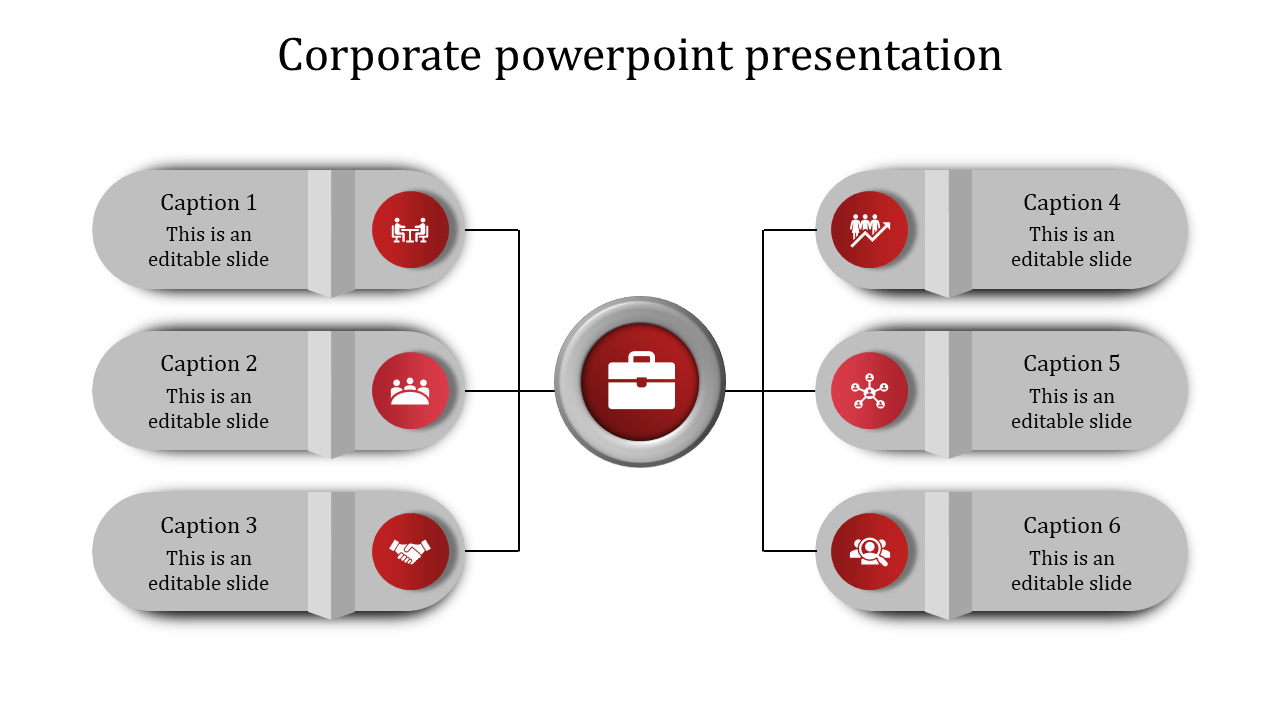 Corporate PPT slide with a central red icon with six surrounding sections, each with a different concept with captions.