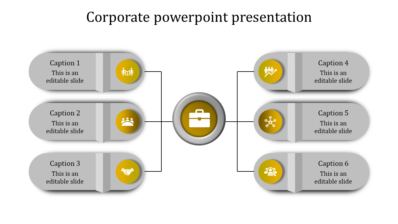 Corporate infographic with a yellow briefcase icon linking to six gray oval-shaped elements with yellow business icons.