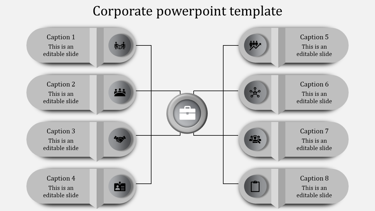Corporate PowerPoint template with a central briefcase icon and eight surrounding sections, each featuring an icon and text.