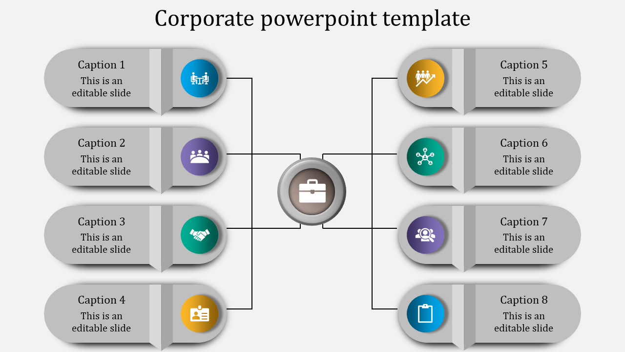 Central briefcase icon connected to eight colorful circular icons with captions arranged symmetrically on gray shapes.