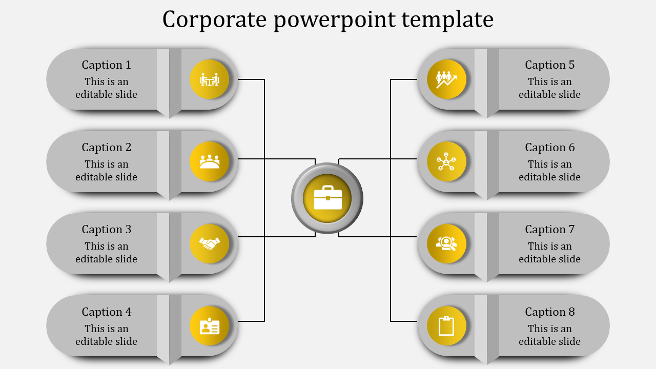 Corporate PowerPoint template with a central icon representing a briefcase and eight surrounding sections with yellow icons.