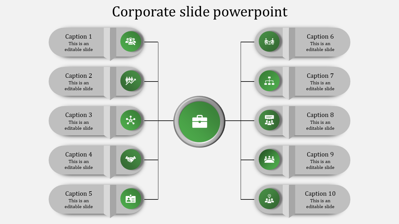 Corporate PowerPoint template with a central icon representing a briefcase and ten surrounding sections with green icons.