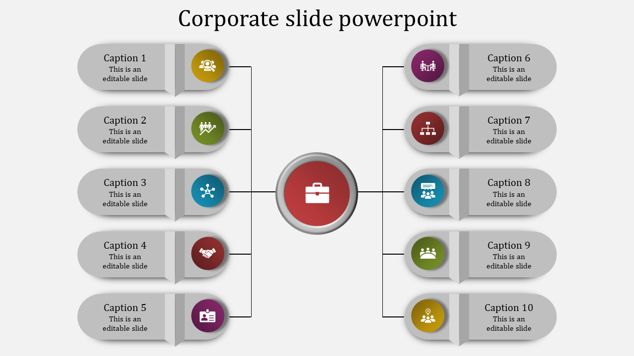 Corporate workflow diagram with a central red briefcase icon linked to ten rounded sections, each with business icons.