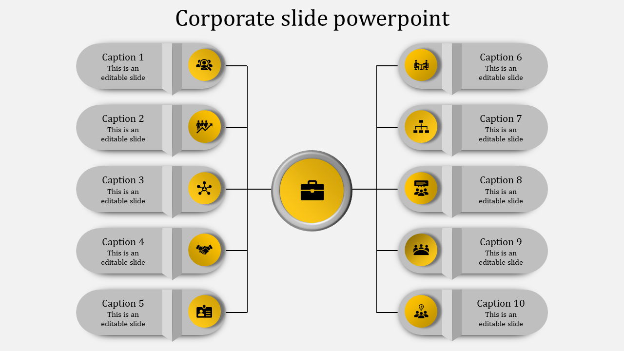 Central yellow icon with a briefcase linked to ten gray captions with circular icons arranged symmetrically.