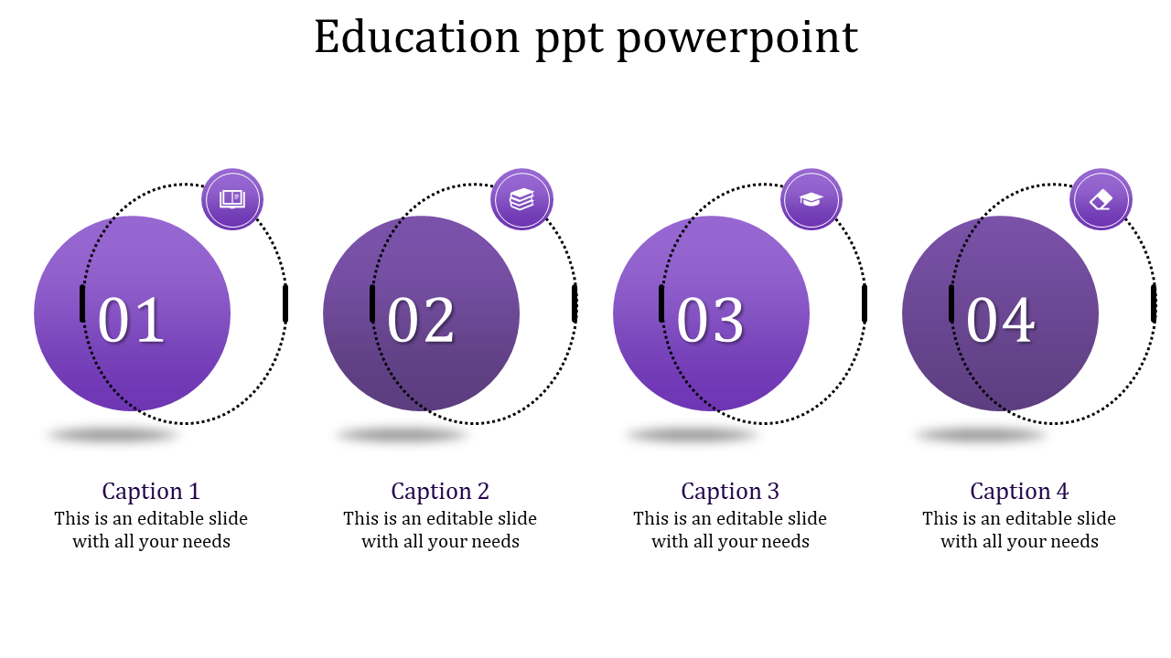 Education PPT template featuring four purple numbered circles with icons representing academic milestones and captions.