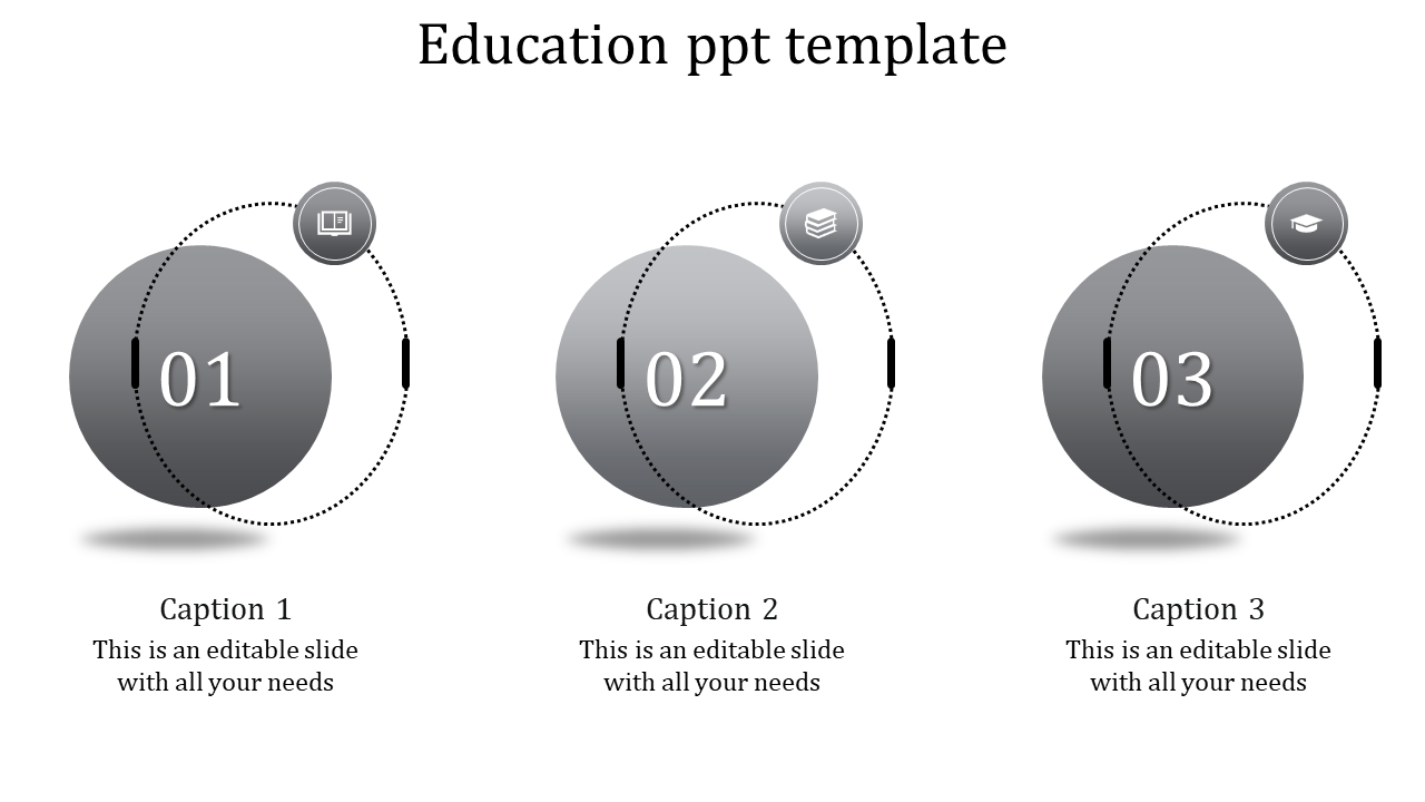 Simple educational infographic featuring three gray circles with numbers, icons, and captions underneath.