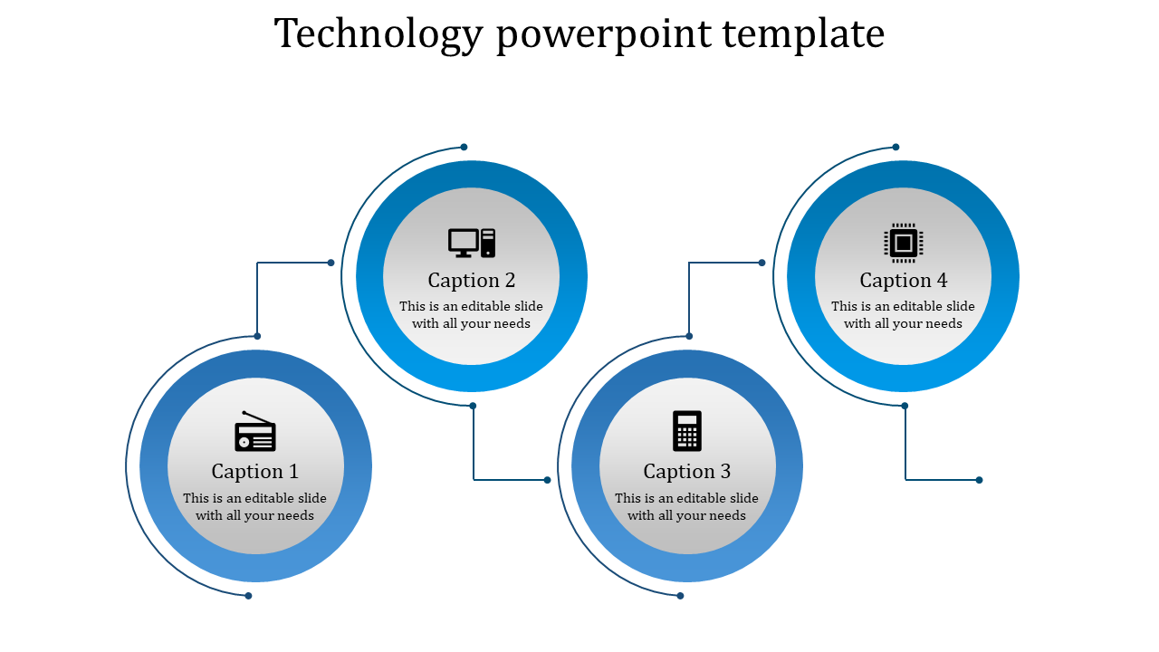 Technology themed PowerPoint slide featuring four interconnected blue circular elements with icons and captions.
