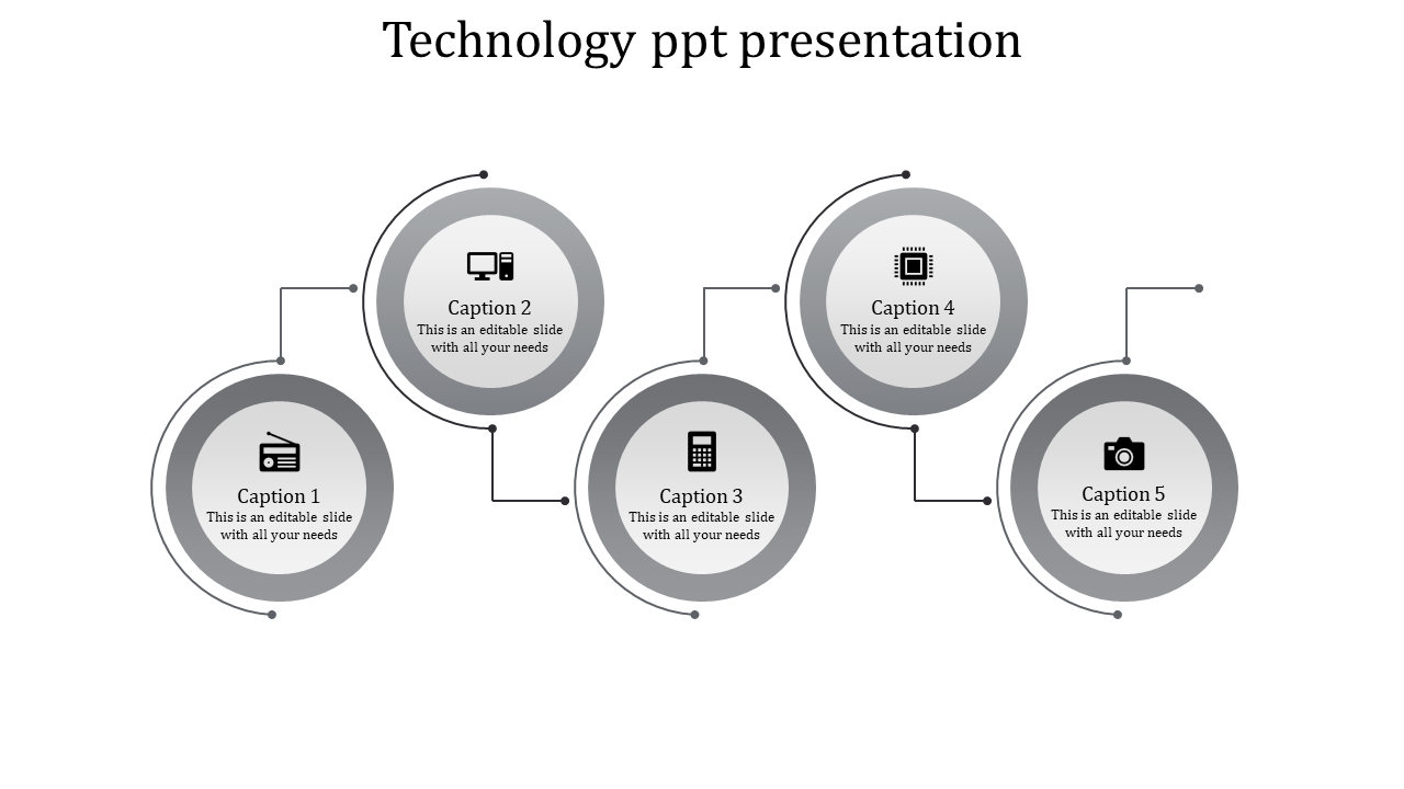 Gray circular layout with five connected icons and captions in a flowchart style for a technology presentation.