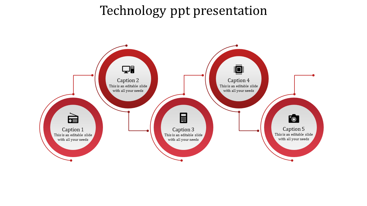 Circular infographic in shades of red with tech symbols linked by curved connectors placed in a white backdrop.