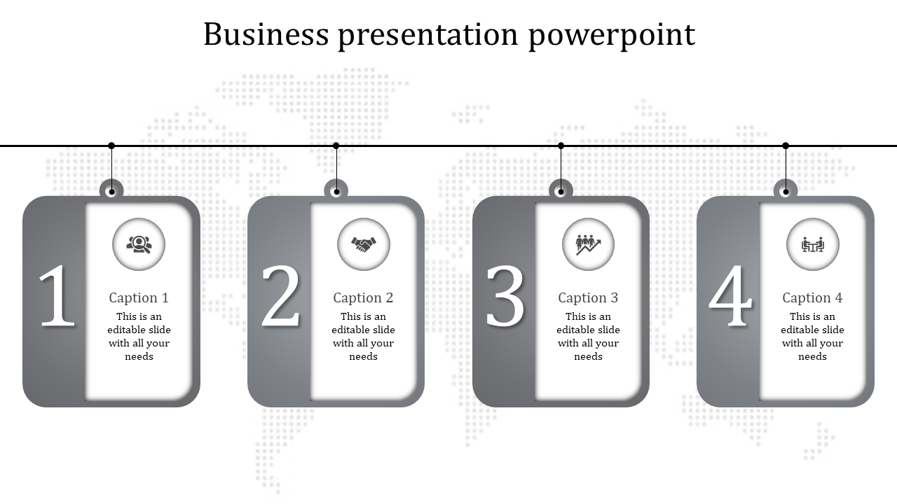 Gray themed business PPT slide with four numbered cards, icons, and captions, set against a dotted world map background.