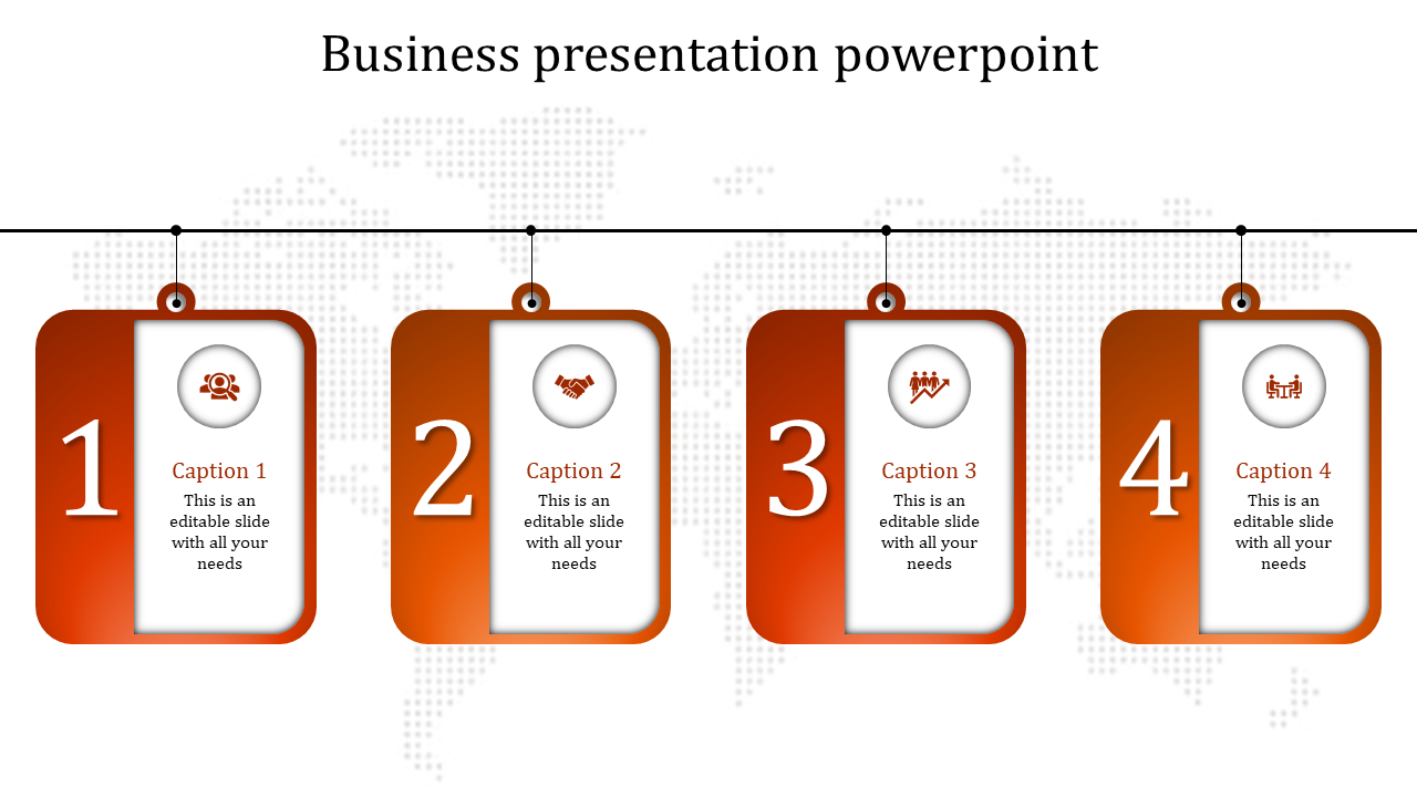 Four orange hanging tags with numbers, icons, and text, aligned horizontally over a dotted world map background.