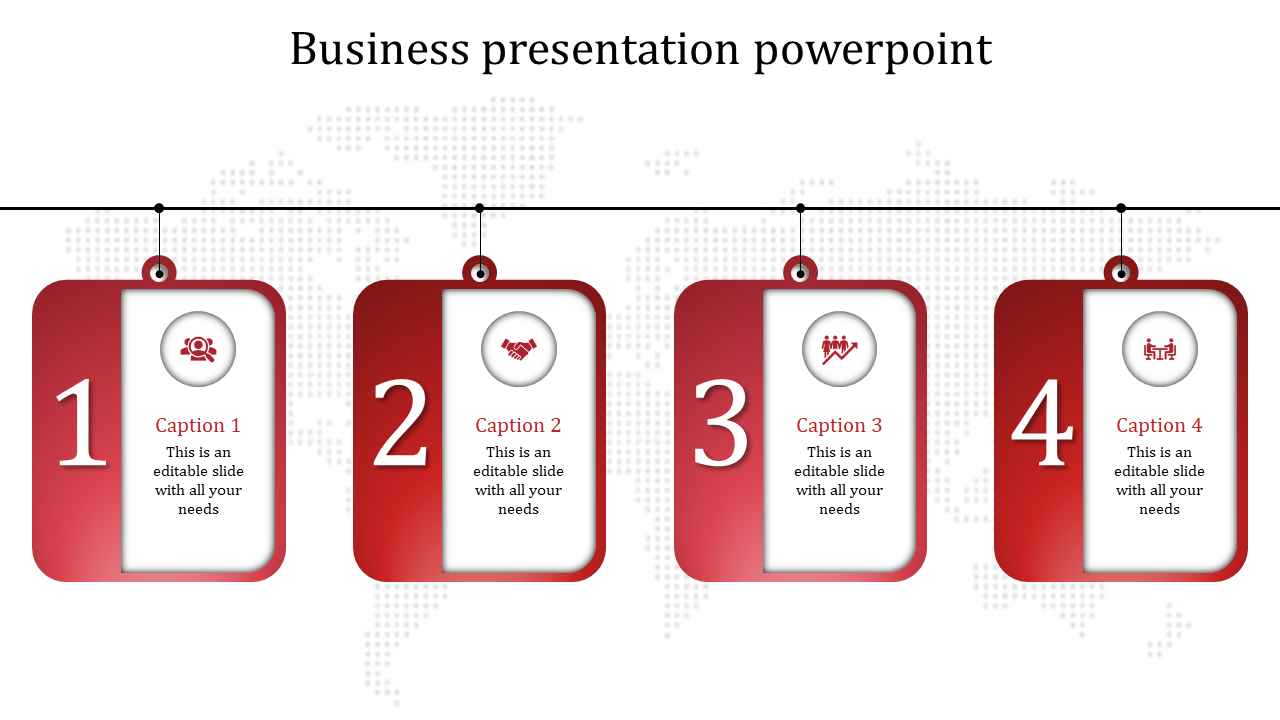 Business infographic with red hanging panels displaying numbered steps and icons placed in a white backdrop.