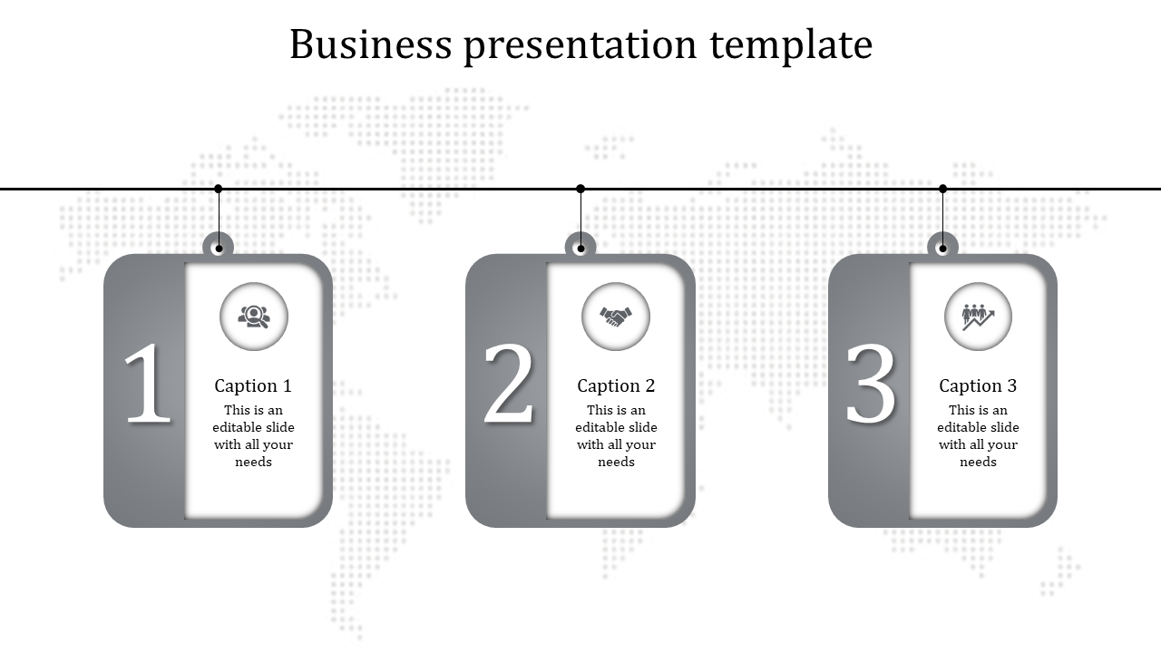 Business presentation slide with three gray tags numbered 1, 2, and 3, each containing icons for different business concepts.