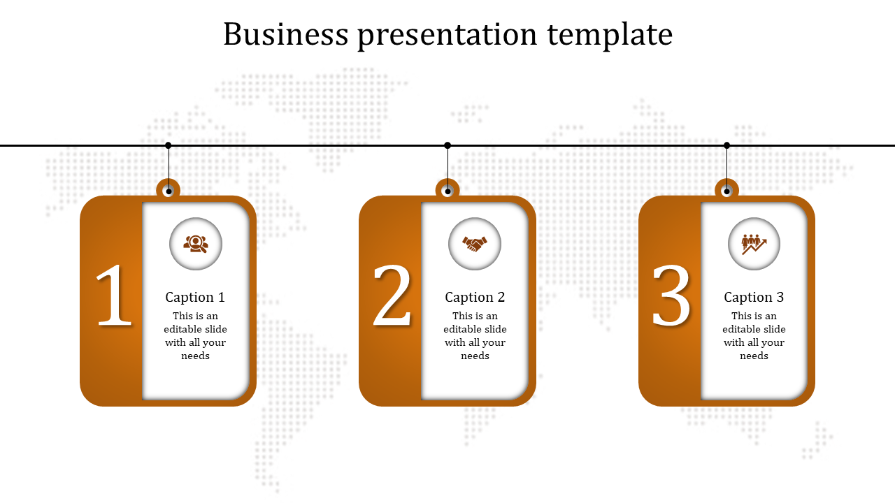 Orange business timeline with three hanging numbered cards and icons for people, handshake, and team.