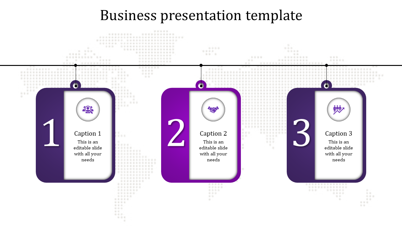 Three purple hanging tags labeled 1, 2, and 3 with icons and captions, aligned horizontally over a dotted world map.