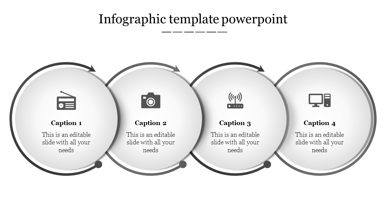 An infographic template displaying four distinct steps in circular format, each labeled with an icon and caption areas.