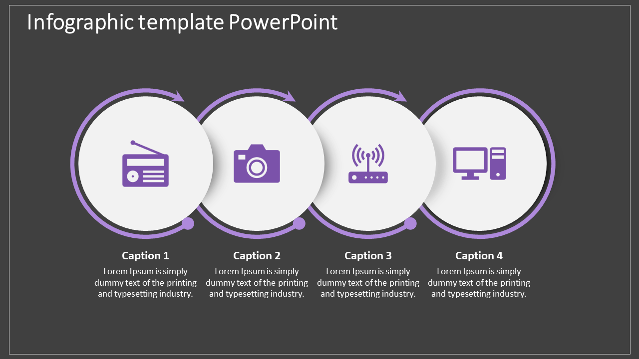 Circular flow infographic in purple, featuring four technology icons connected by directional arrows on a dark background.