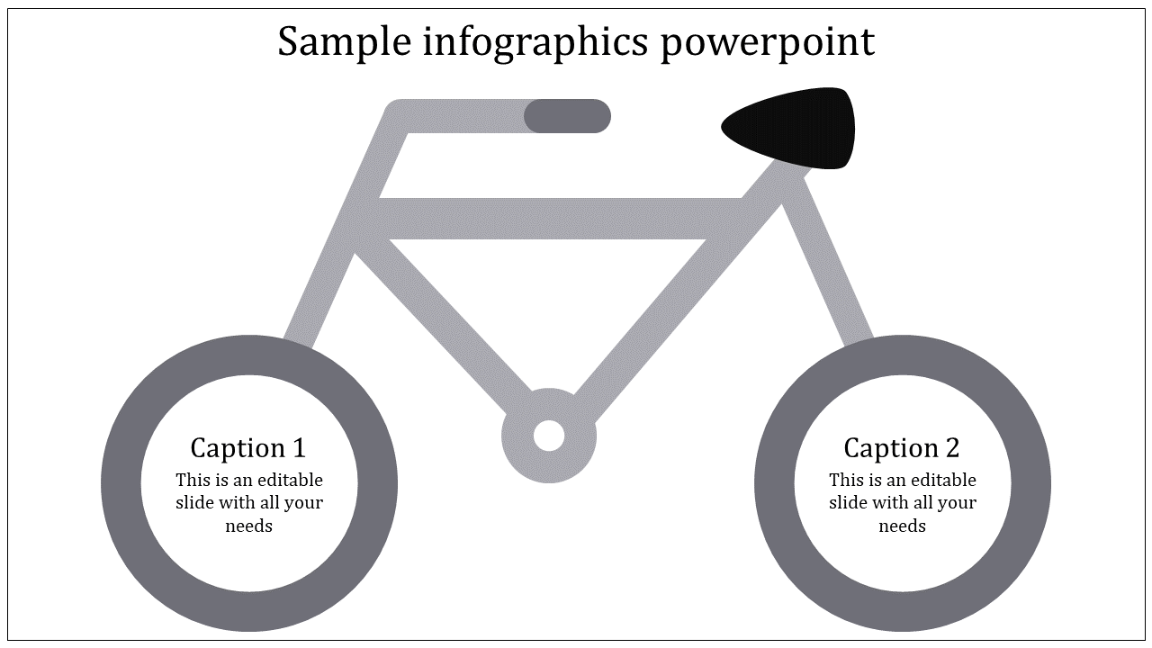 Minimalist cycle infographic with caption placeholders inside circular wheels and a sleek grey frame design.