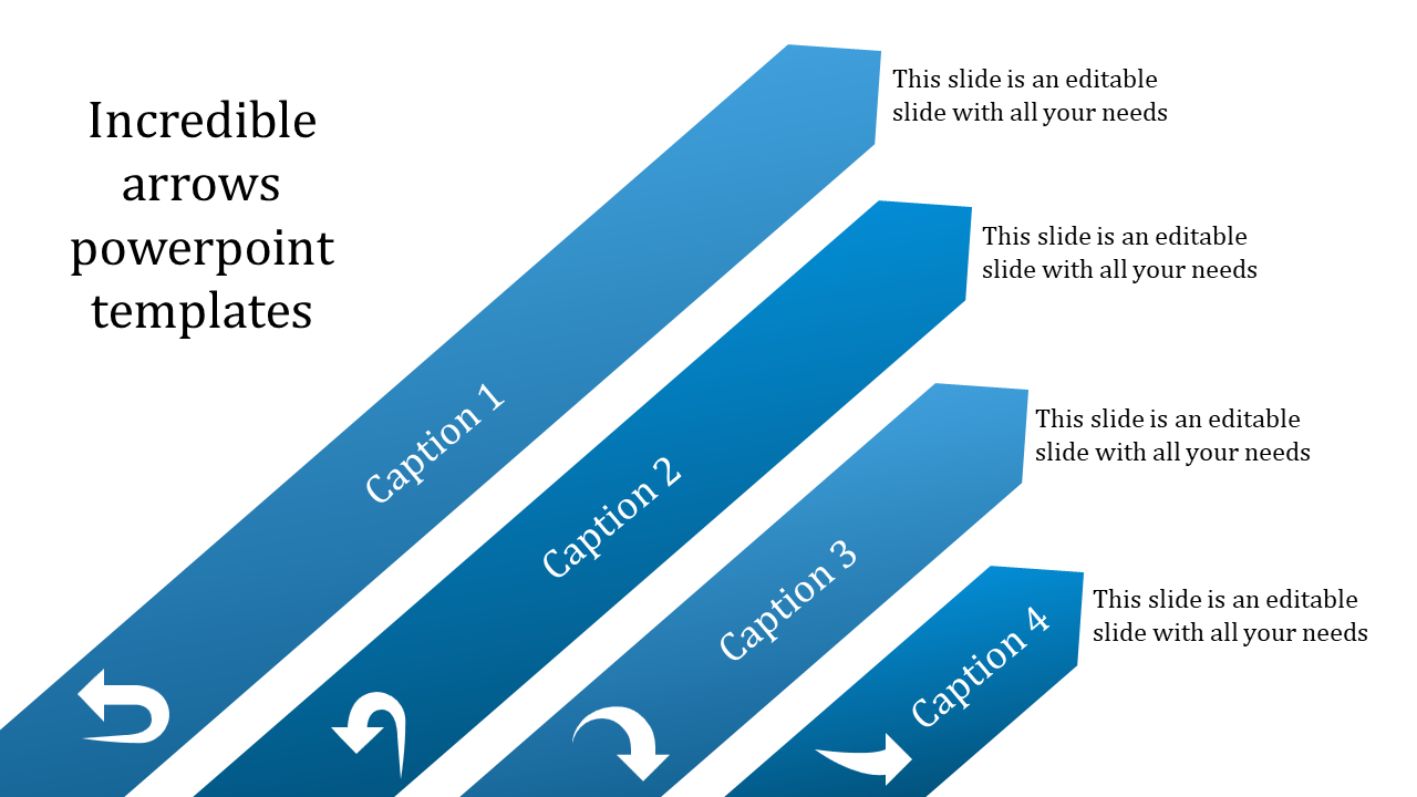 Gradient blue arrows labeled Caption 1 to 4 with placeholder text areas placed in white background.