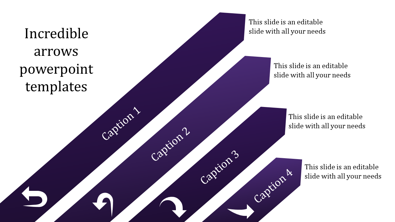 Gradient purple arrows labeled Caption 1 to 4 with placeholder text areas placed in white background.