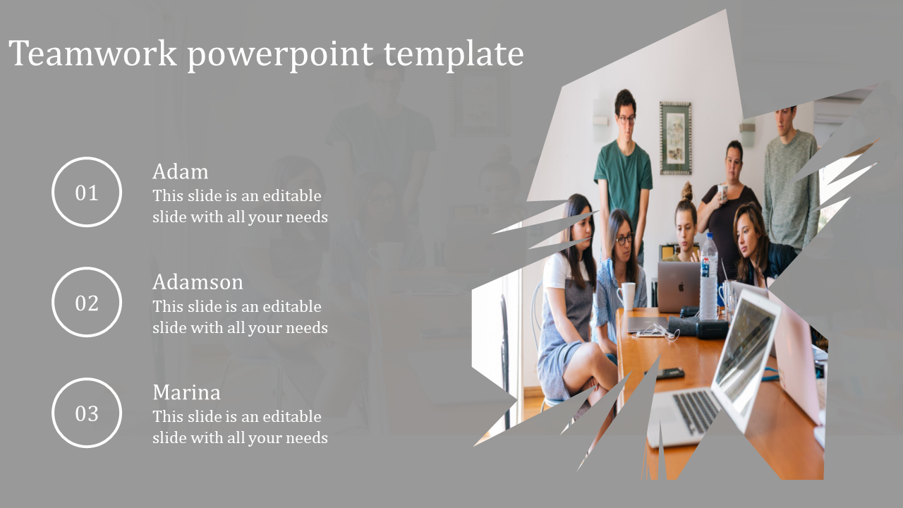 A teamwork PowerPoint template featuring individuals collaborating around a table, with text sections on a grey theme.