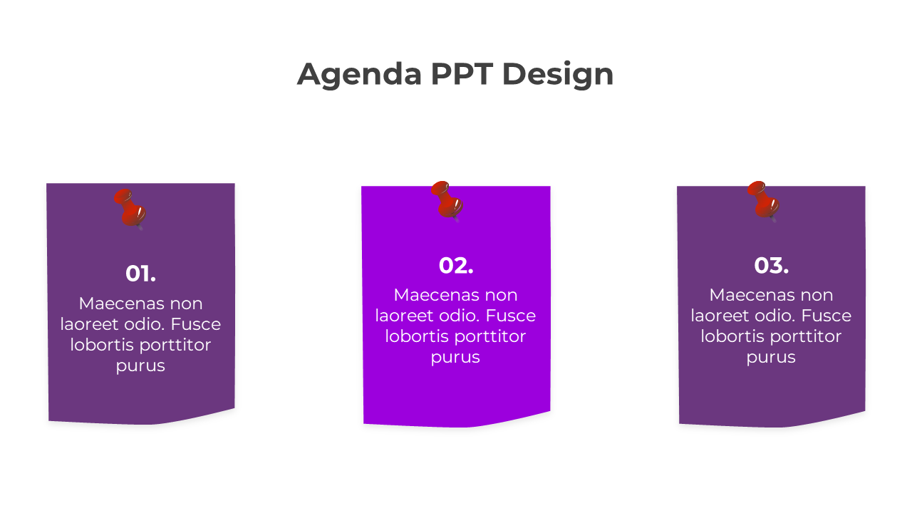 Three agenda cards slide in a vibrant purple and pink design pinned with red thumbtacks on a white background.