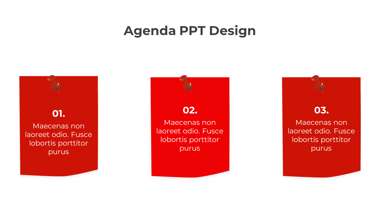 Agenda template displaying three red pinned notes in a row, each showing a sequential bold number.