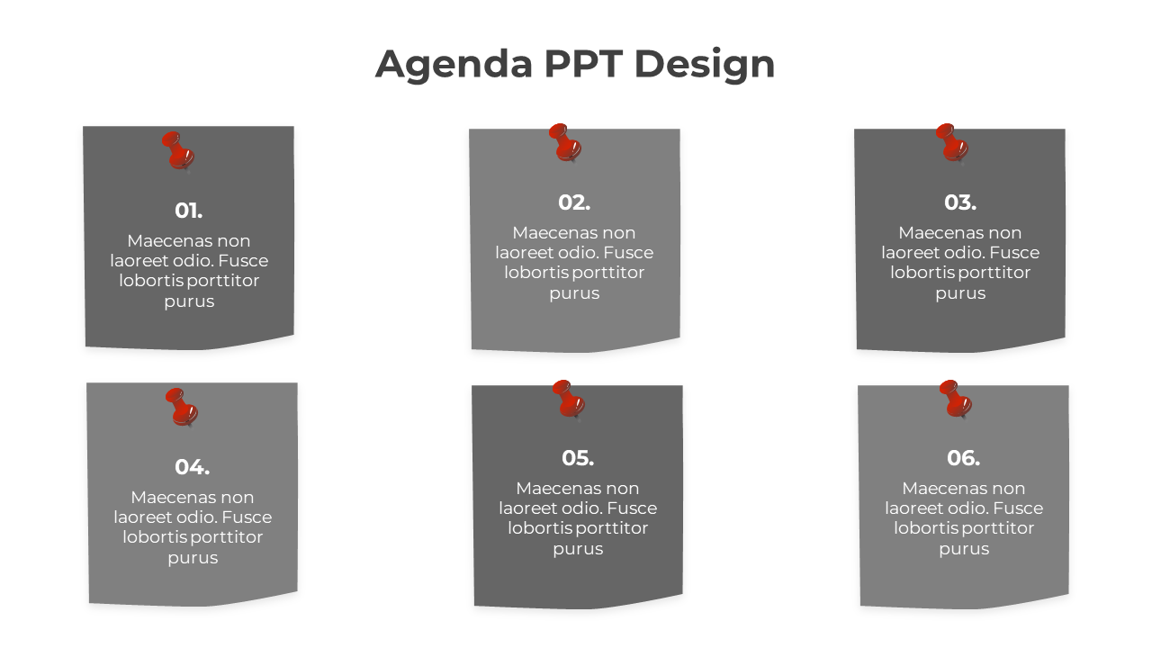 Minimal agenda slide featuring six gray cards with red pins and sequential numbers 01 to 06, arranged in two rows.