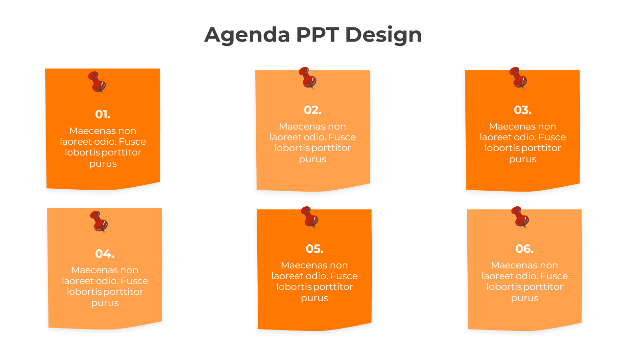 Agenda PowerPoint design with six orange pinned notes, each numbered from 01 to 06, displaying placeholder text.