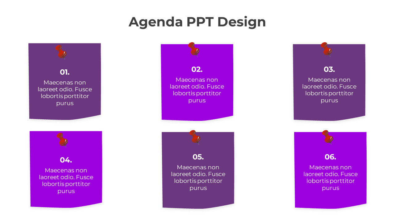 Agenda template displaying six purple pinned notes in a 3x2 grid, each showing a sequential number.