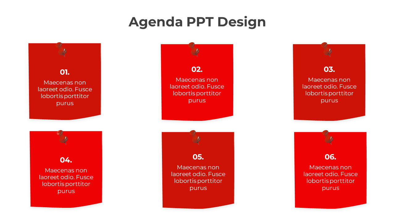 Agenda design with six red pinned notes, arranged in two columns, displaying sequential content.