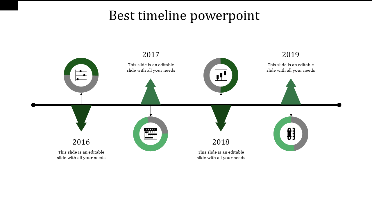 Business timeline infographic with key years 2016, 2017, 2018, and 2019 connected by a central line and milestone icons.