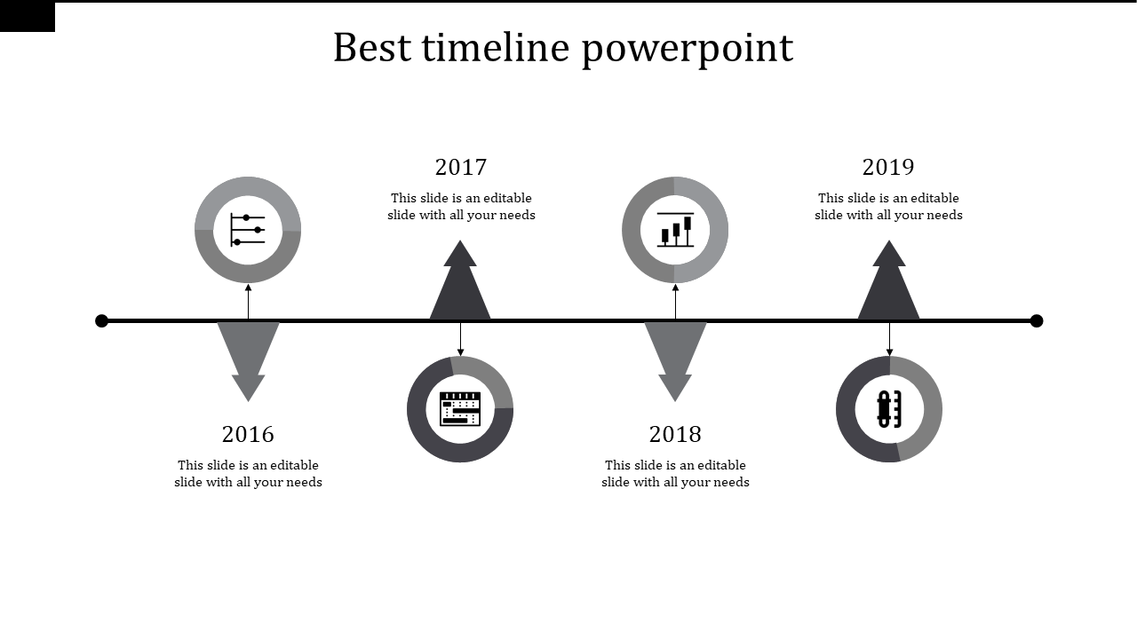 Gray themed timeline showcasing events in a linear format with four circular markers and arrows pointing downwards.