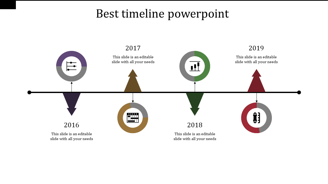Best PowerPoint slide with a horizontal timeline showcasing milestones from 2016 to 2019, marked with icons and arrows.