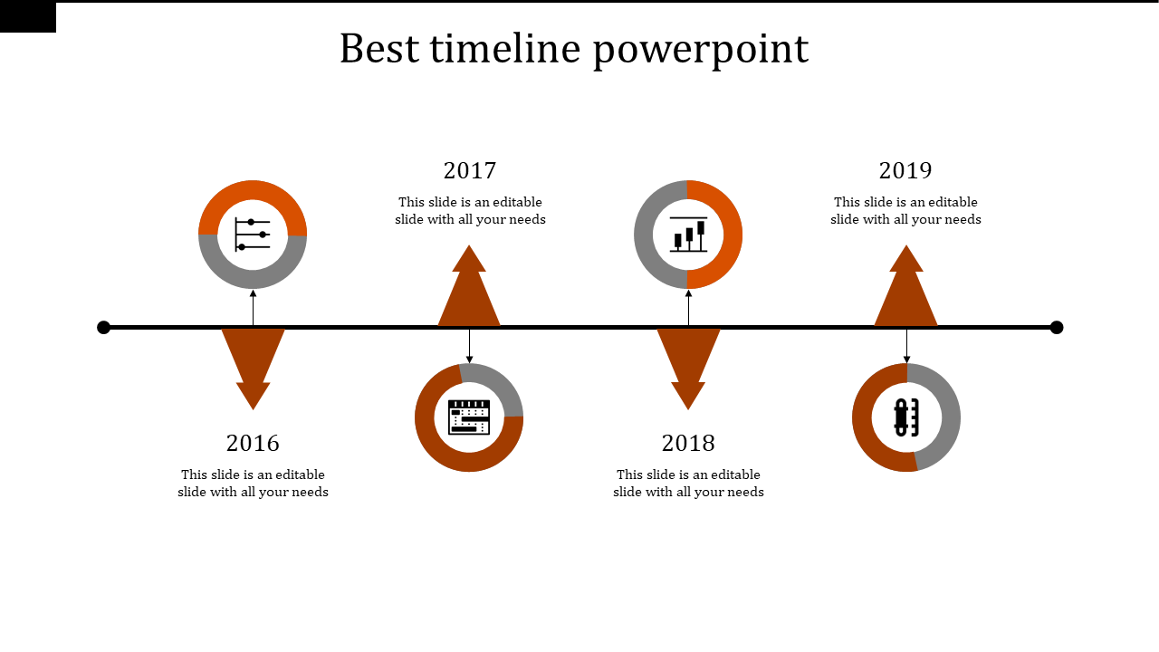 Horizontal timeline design with circular icons, directional arrows, and text placeholders for each milestone year.