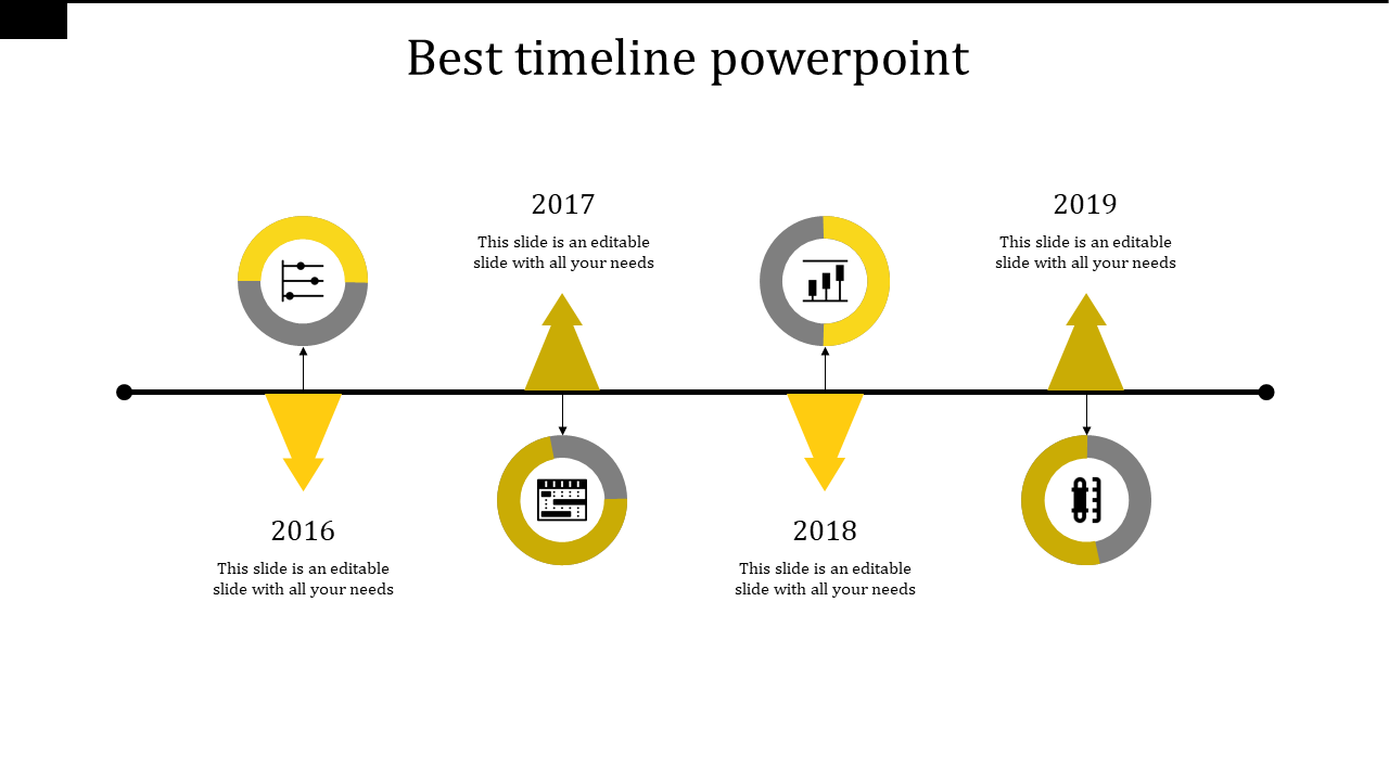 Timeline PowerPoint template featuring milestones from 2016 to 2019 with icons and arrows in yellow and gray.