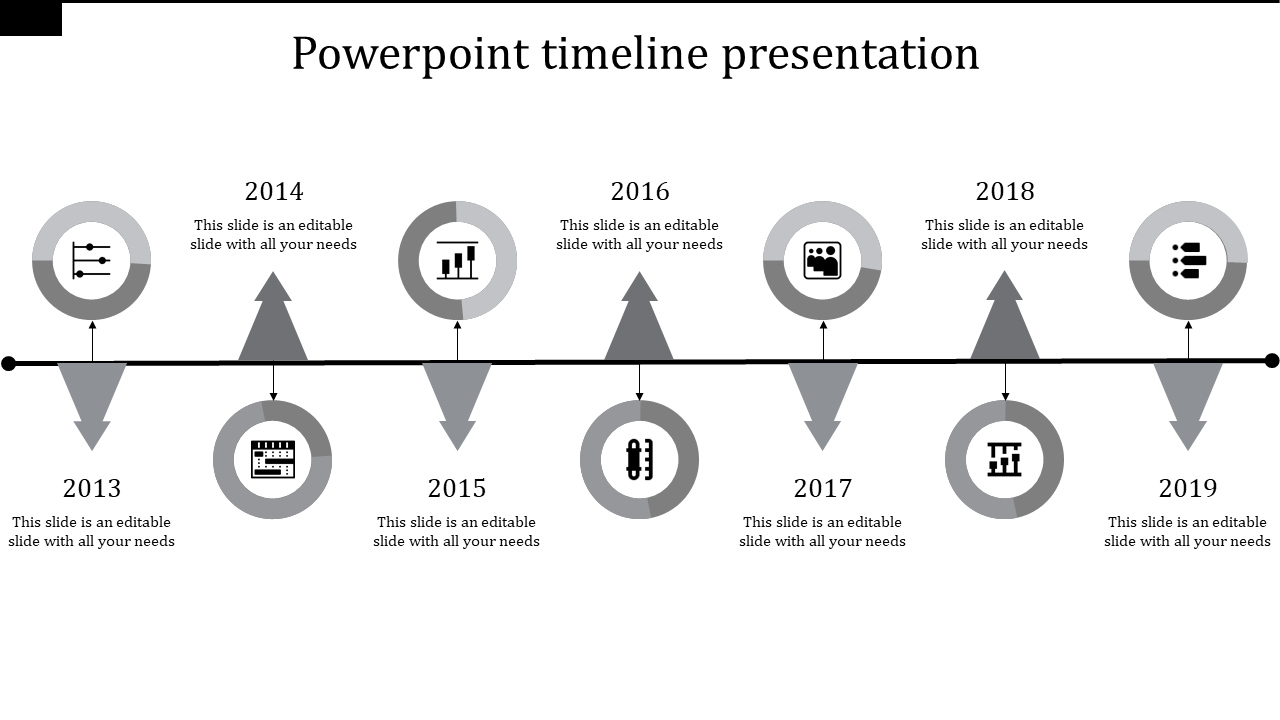 Minimalist timeline slide with a black horizontal line, milestone markers, and alternating arrows for different years.