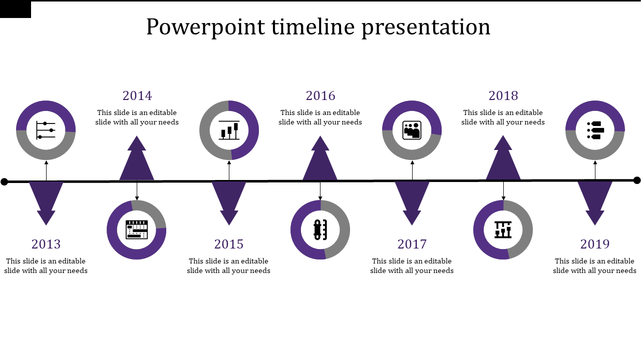 Timeline PPT template displaying purple milestones for each year from 2013 to 2019 with corresponding icons and captions.
