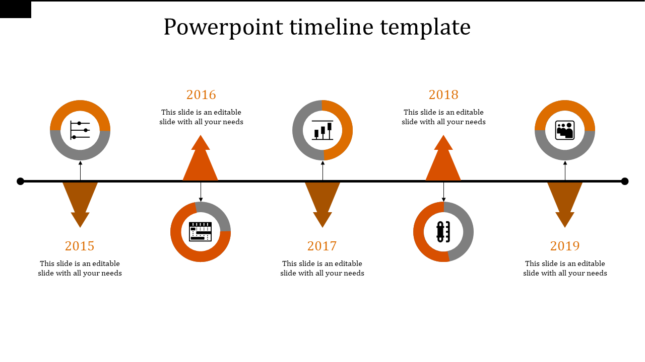 Timeline slide with alternating arrows and circular icons in orange, illustrating yearly events from 2015 to 2019.