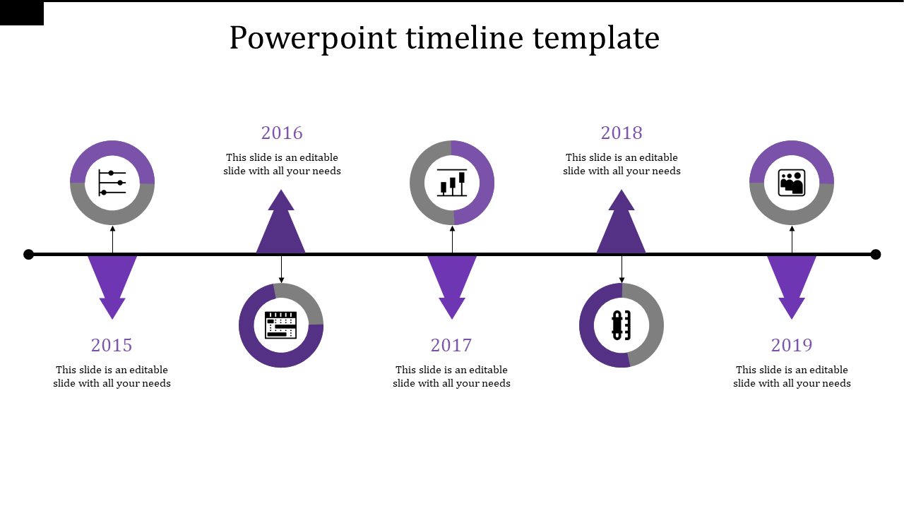 Timeline PPT template showing milestones from 2015 to 2019 with purple and gray icons for each year and placeholder text.