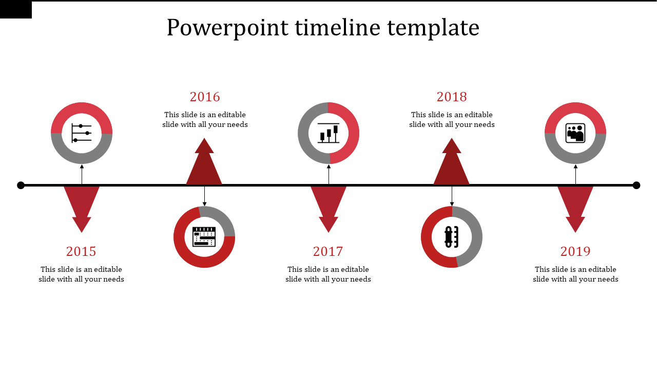Business timeline template featuring five milestone years, each marked with a red circular icon and triangular pointers.